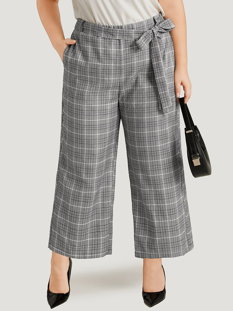 

Plus Size Gingham Pocket Belted Wide leg Pants Women Black Office Straight Leg High Rise Work Pants BloomChic