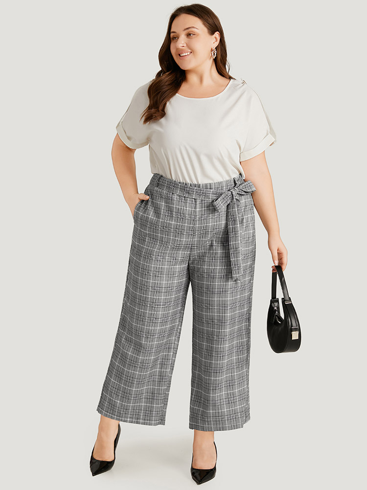 Plus Size Women Work Plaid Belted High Rise Pocket Belt Office Pants BloomChic 