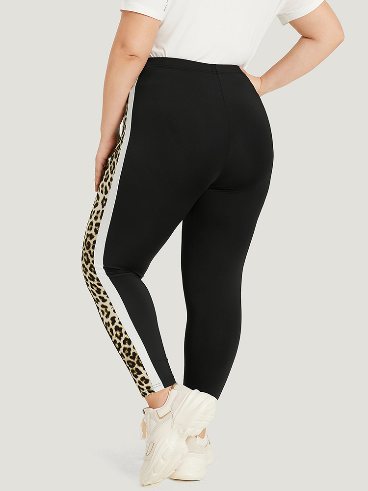

Plus Size Leopard Patchwork High Rise Elastic Waist Leggings Women Black Casual High stretch Skinny High Rise Dailywear Leggings BloomChic