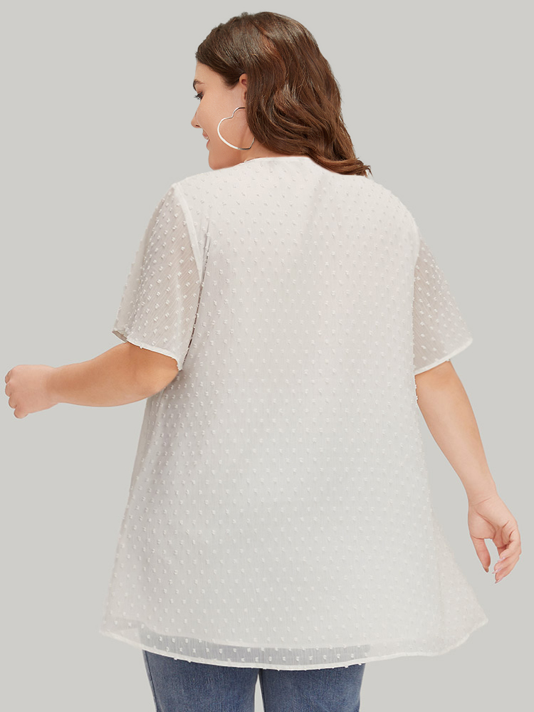 Plus Size White Polka Dot Tassels Ties Mesh Patchwork Contrast Blouse Women Vacation Short sleeve V-neck Dailywear Blouses BloomChic 18-20/2X 