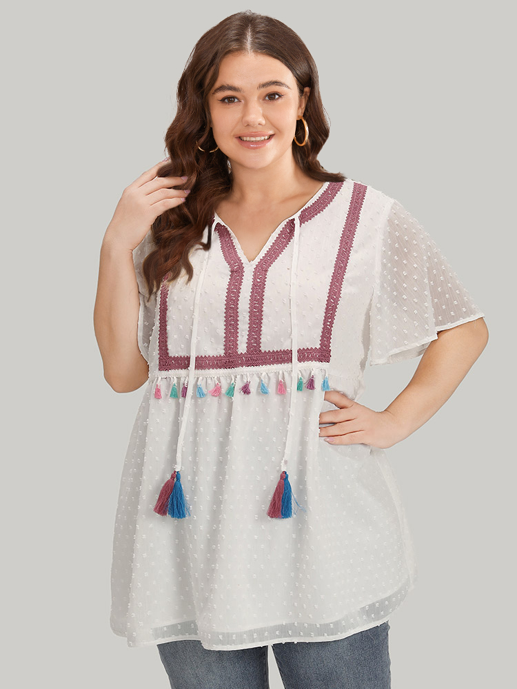 Plus Size White Polka Dot Tassels Ties Mesh Patchwork Contrast Blouse Women Vacation Short sleeve V-neck Dailywear Blouses BloomChic 18-20/2X 