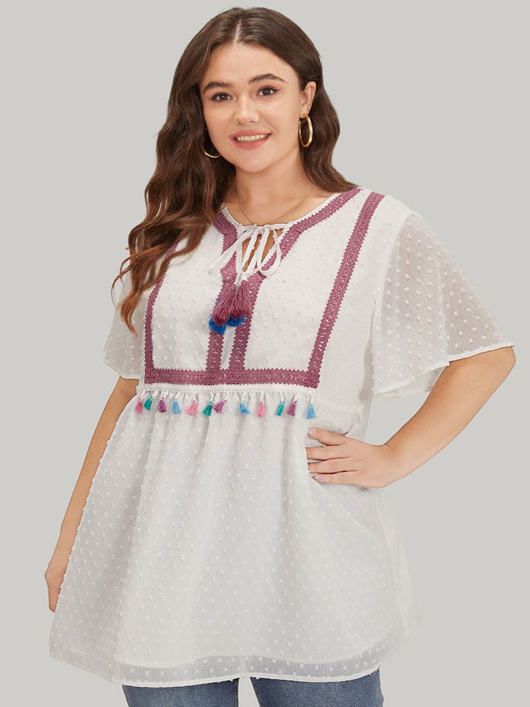 Plus Size White Polka Dot Tassels Ties Mesh Patchwork Contrast Blouse Women Vacation Short sleeve V-neck Dailywear Blouses BloomChic 18-20/2X 