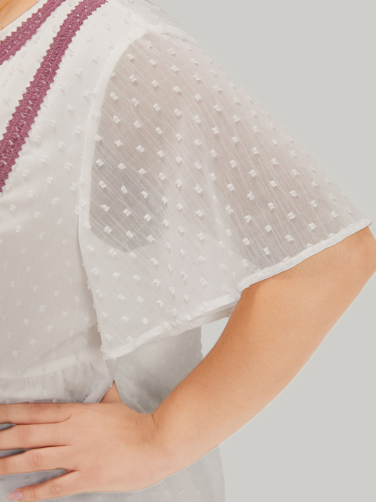Plus Size White Polka Dot Tassels Ties Mesh Patchwork Contrast Blouse Women Vacation Short sleeve V-neck Dailywear Blouses BloomChic 18-20/2X 