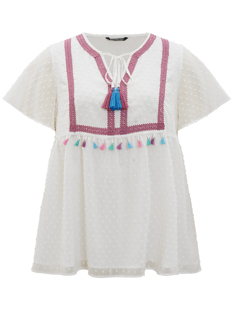 Plus Size White Polka Dot Tassels Ties Mesh Patchwork Contrast Blouse Women Vacation Short sleeve V-neck Dailywear Blouses BloomChic 18-20/2X 
