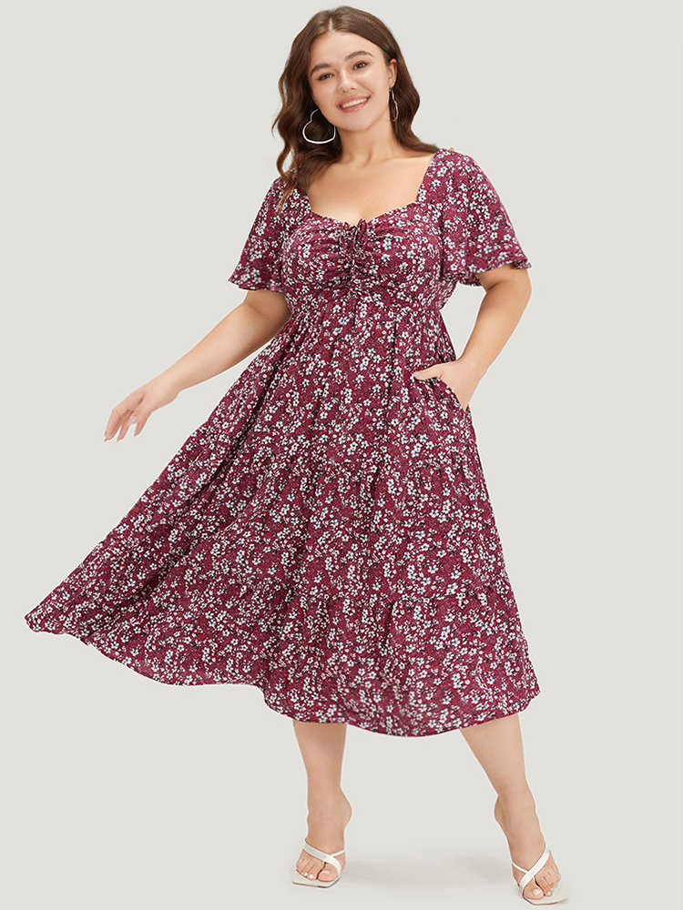 

Plus Size Ditsy Floral Pocket Drawstring Ruched Flutter Sleeve Dress Scarlet Women Elegant Printed Square Neck Short sleeve Curvy Midi Dress BloomChic