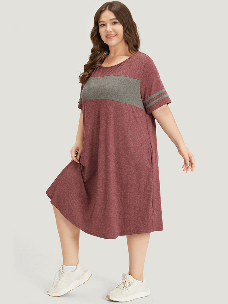 

Plus Size Striped Patchwork Pocket Crew Neck Dress Scarlet Women Casual Patchwork Round Neck Short sleeve Curvy Midi Dress BloomChic