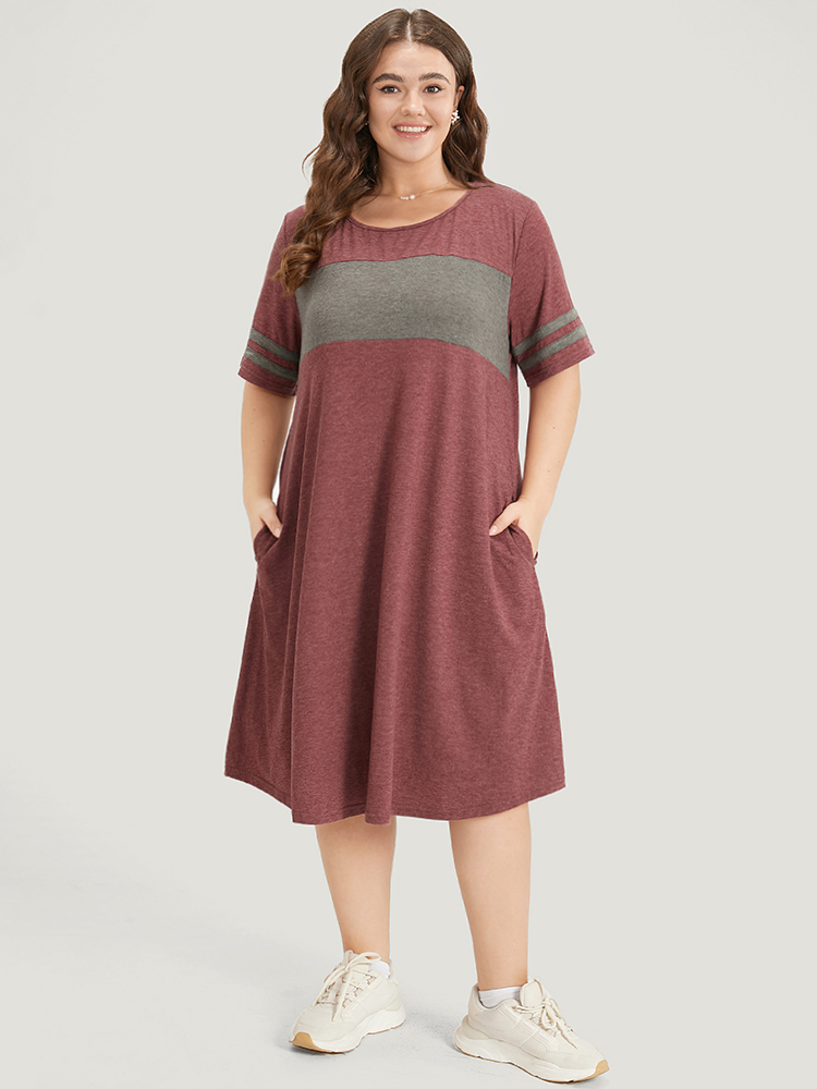 

Plus Size Striped Patchwork Pocket Crew Neck Dress Scarlet Women Casual Patchwork Round Neck Short sleeve Curvy Midi Dress BloomChic