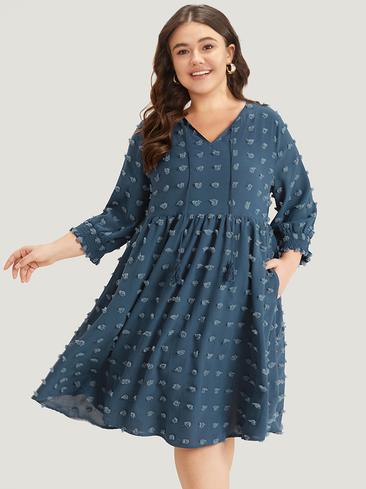 

Plus Size Polka Dot Tassels Ties Shirred Cuffs Pocket Dress DarkBlue Women Office Elastic cuffs V-neck Elbow-length sleeve Curvy Midi Dress BloomChic