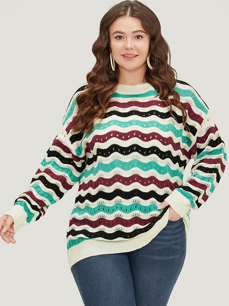 

Plus Size Contrast Water Ripple Cut Out Elastic Cuffs Pullover Multicolor Women Casual Loose Long Sleeve Round Neck Dailywear Pullovers BloomChic