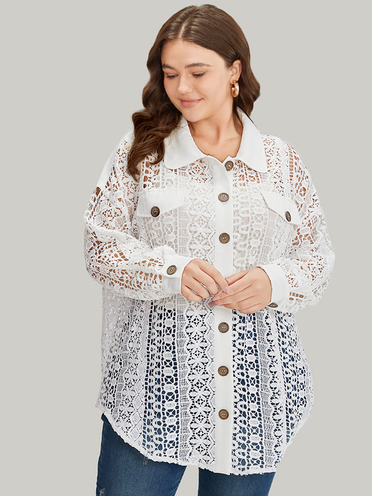 Plus Size Plain Cut Out Lace Patchwork Button Through Jacket Women White Casual Patchwork Ladies Dailywear Winter Coats BloomChic 10/M 