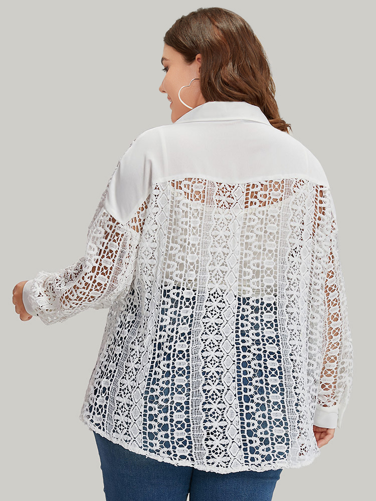 Plus Size Plain Cut Out Lace Patchwork Button Through Jacket Women White Casual Patchwork Ladies Dailywear Winter Coats BloomChic 10/M 