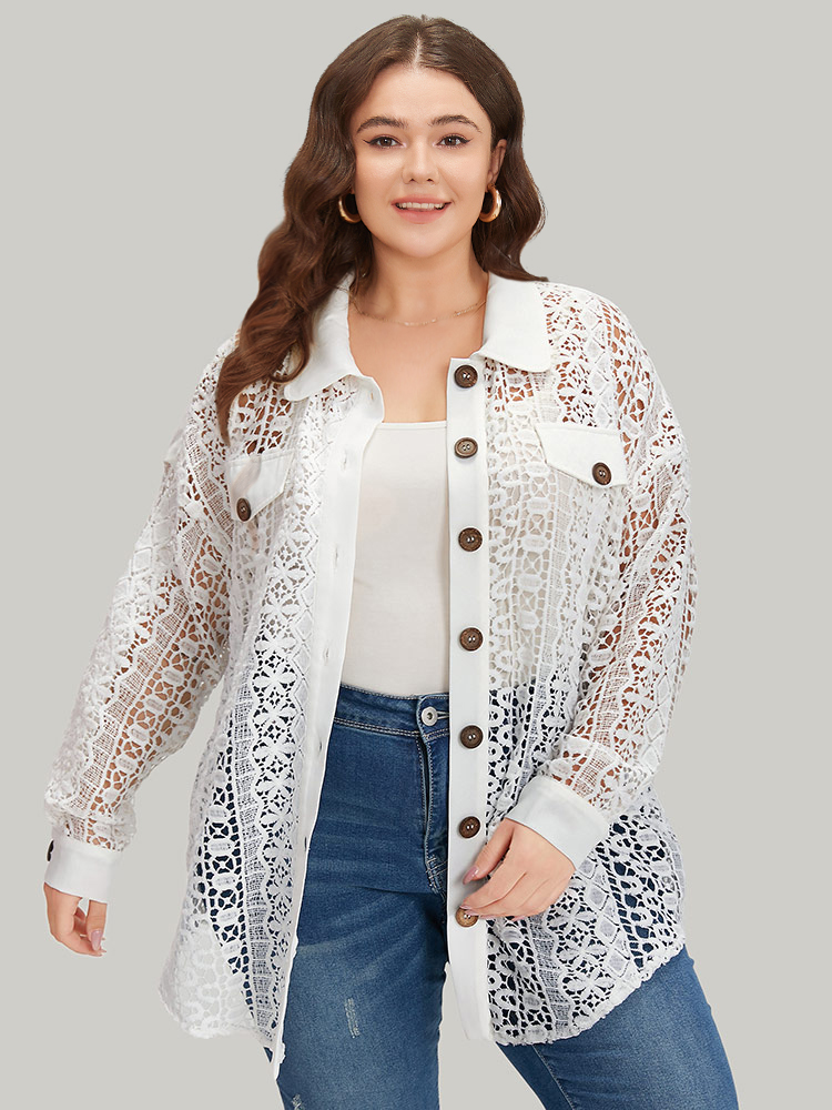 

Plus Size Plain Cut Out Lace Patchwork Button Through Jacket Women White Casual Patchwork Ladies Dailywear Winter Coats BloomChic