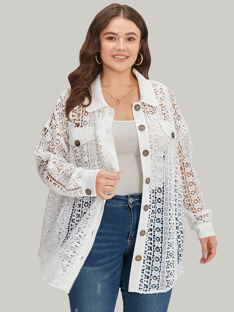 Plus Size Plain Cut Out Lace Patchwork Button Through Jacket Women White Casual Patchwork Ladies Dailywear Winter Coats BloomChic 10/M 