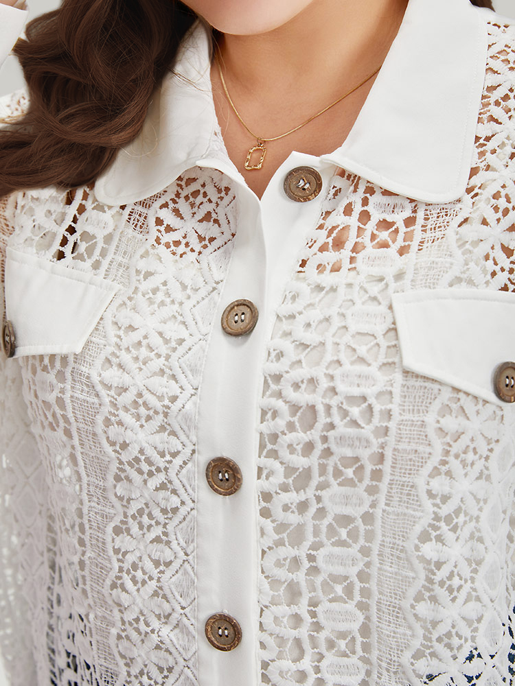 Plus Size Plain Cut Out Lace Patchwork Button Through Jacket Women White Casual Patchwork Ladies Dailywear Winter Coats BloomChic 10/M 