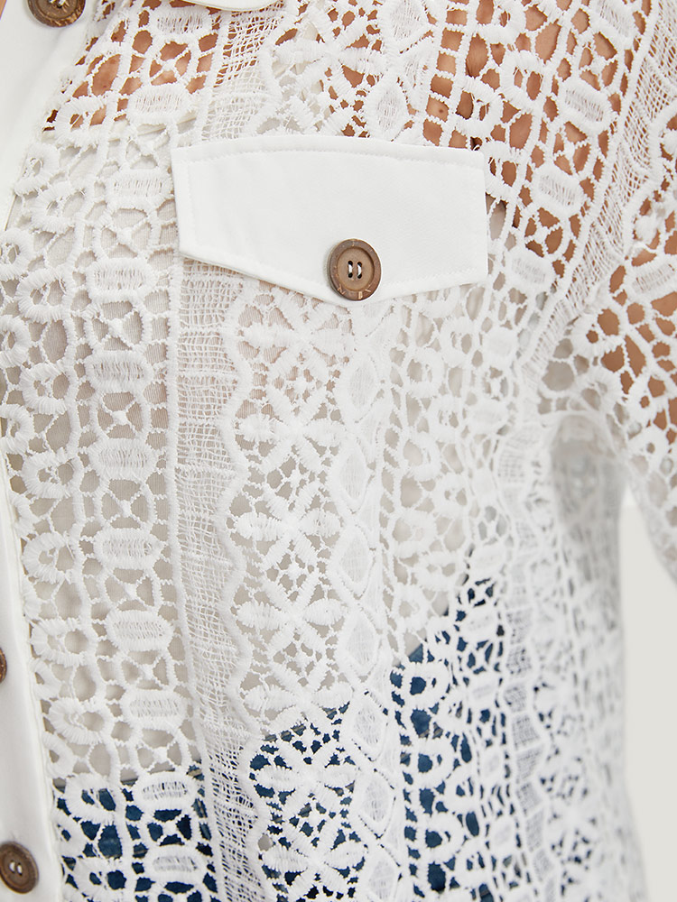 Plus Size Plain Cut Out Lace Patchwork Button Through Jacket Women White Casual Patchwork Ladies Dailywear Winter Coats BloomChic 10/M 