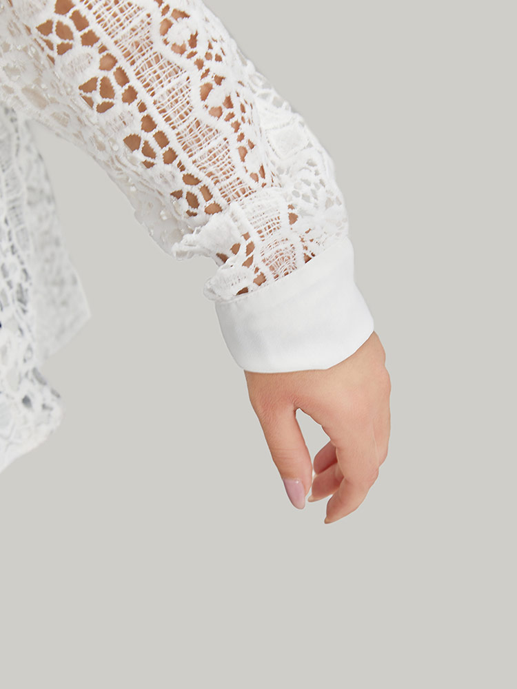 Plus Size Plain Cut Out Lace Patchwork Button Through Jacket Women White Casual Patchwork Ladies Dailywear Winter Coats BloomChic 10/M 