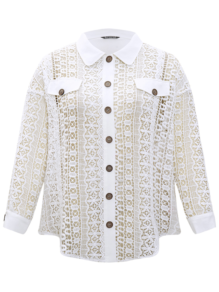 Plus Size Plain Cut Out Lace Patchwork Button Through Jacket Women White Casual Patchwork Ladies Dailywear Winter Coats BloomChic 10/M 