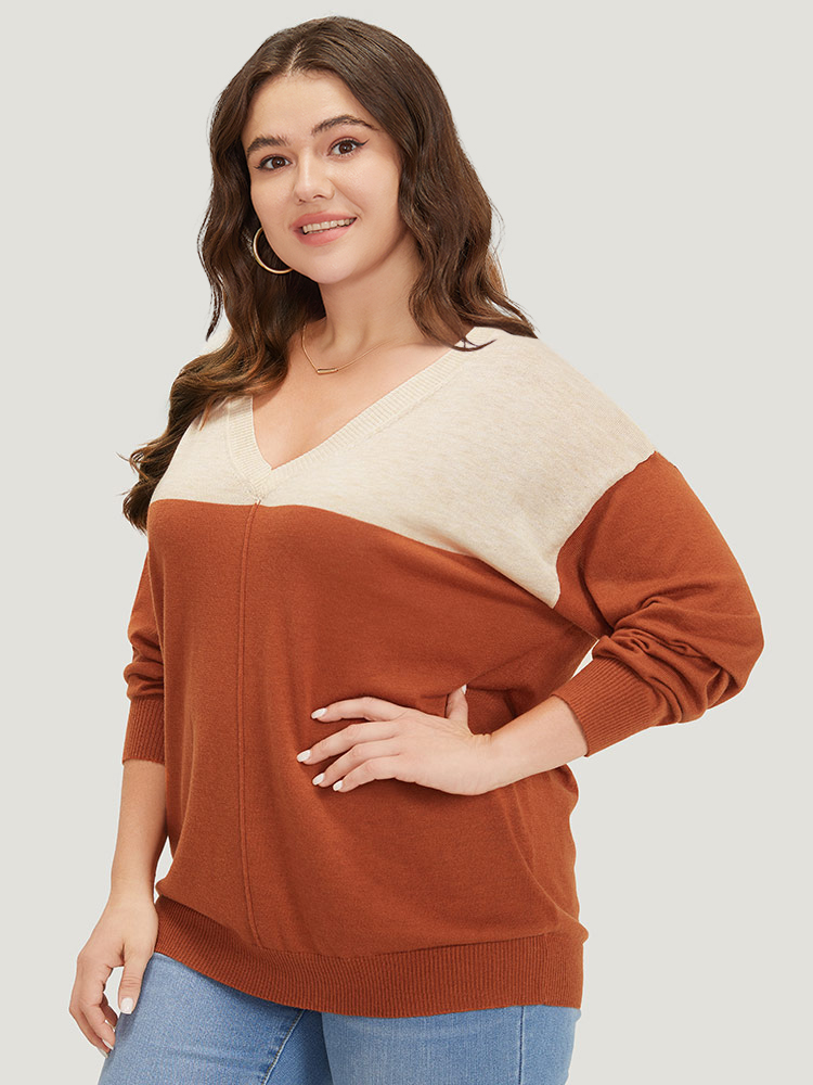 

Plus Size Supersoft Essentials Colorblock Two Tone Patchwork V Neck Pullover Chocolate Women Casual Loose Long Sleeve V-neck Dailywear Pullovers BloomChic