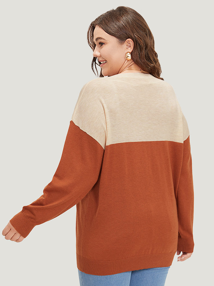

Plus Size Supersoft Essentials Colorblock Two Tone Patchwork V Neck Pullover Chocolate Women Casual Loose Long Sleeve V-neck Dailywear Pullovers BloomChic