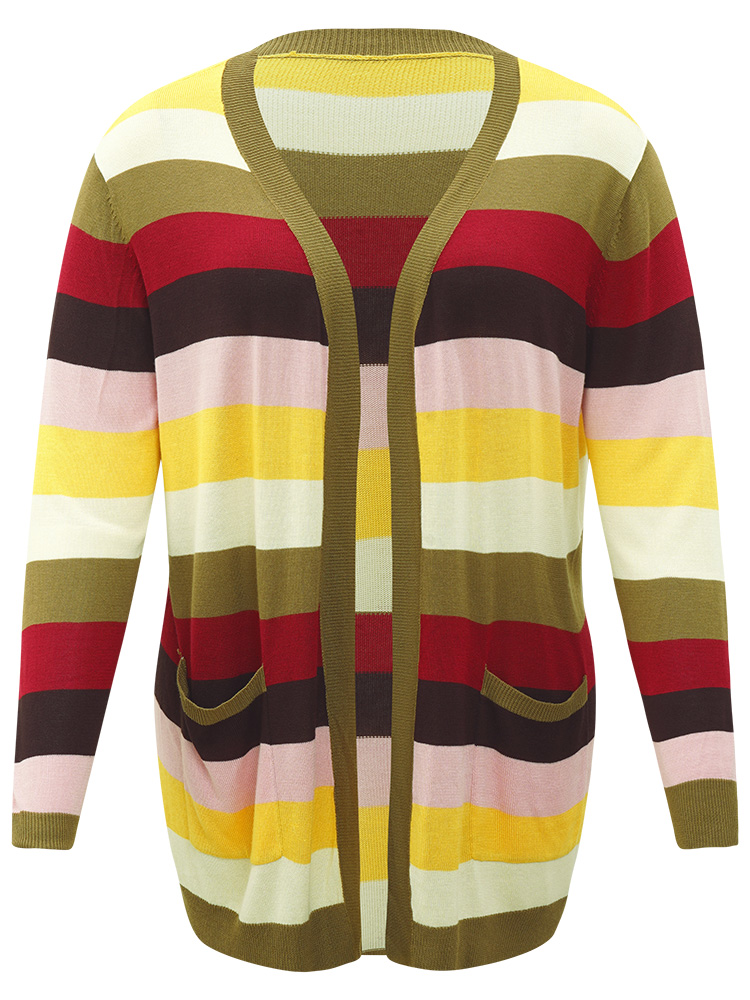 

Plus Size Supersoft Essentials Rainbow Striped Patched Pocket Open Front Cardigan Multicolor Women Casual Loose Long Sleeve Everyday Cardigans BloomChic