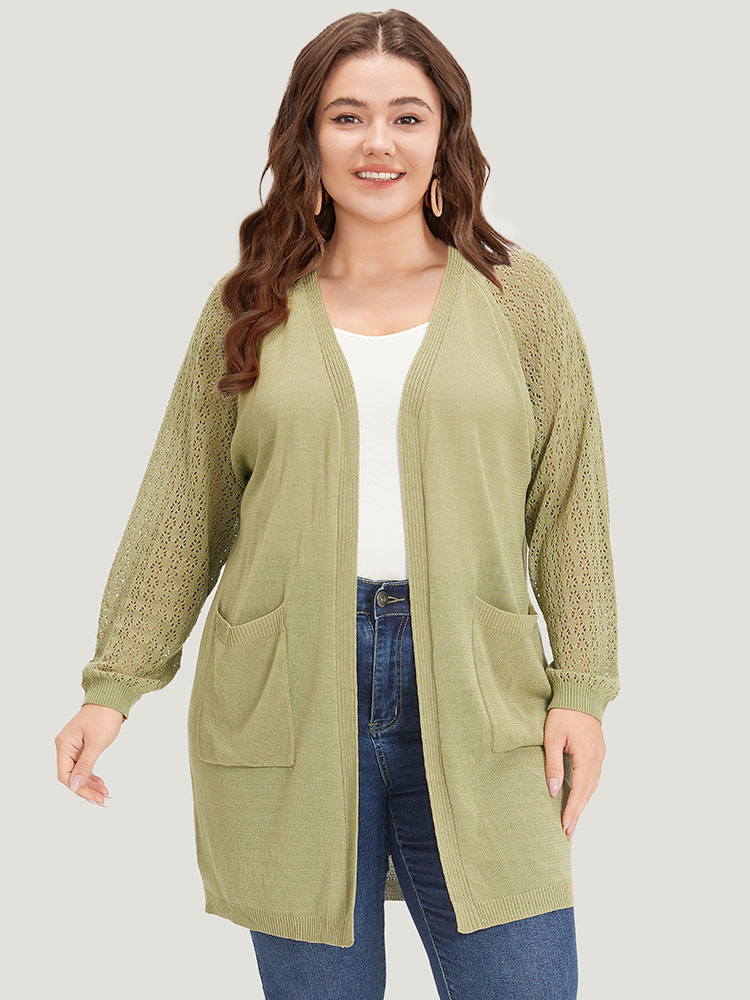 

Plus Size Solid Patched Pocket Geometric Eyelet Raglan Sleeve Cardigan Olive Women Casual Loose Long Sleeve Dailywear Cardigans BloomChic