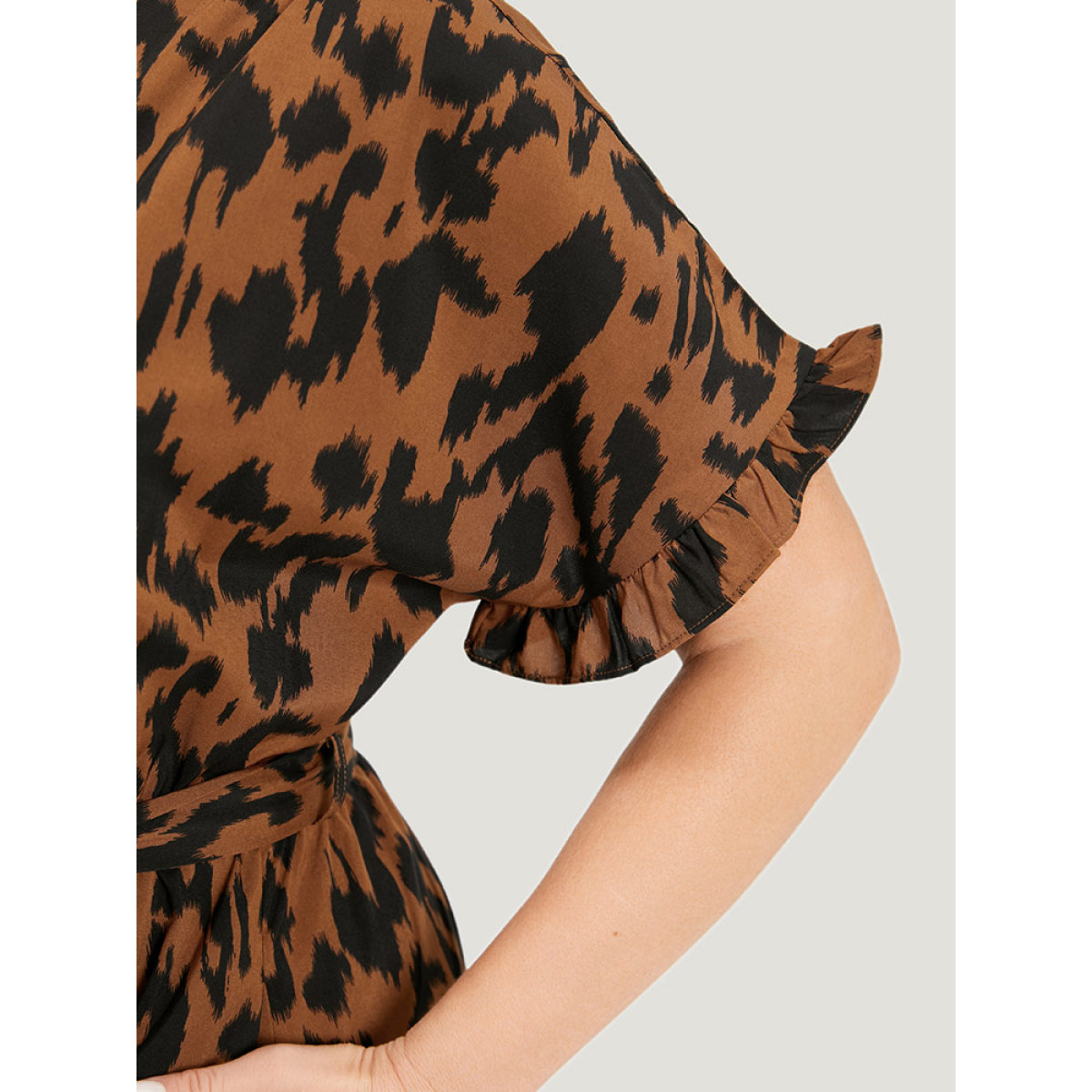 

Plus Size Brush Print Ruffles Wrap Belted Pocket Dress Leopard Women Wrap Overlap Collar Short sleeve Curvy Midi Dress BloomChic