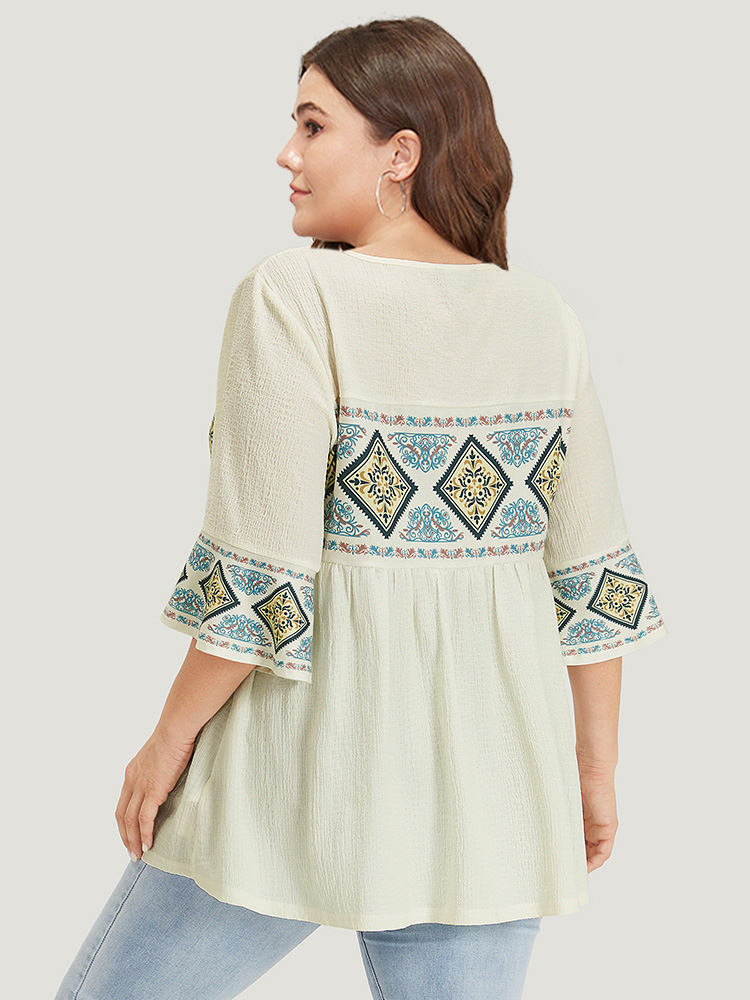 Plus Size Women Dailywear Bohemian Print Patchwork Bell Sleeve Half Sleeve Round Neck Casual T-shirts BloomChic 