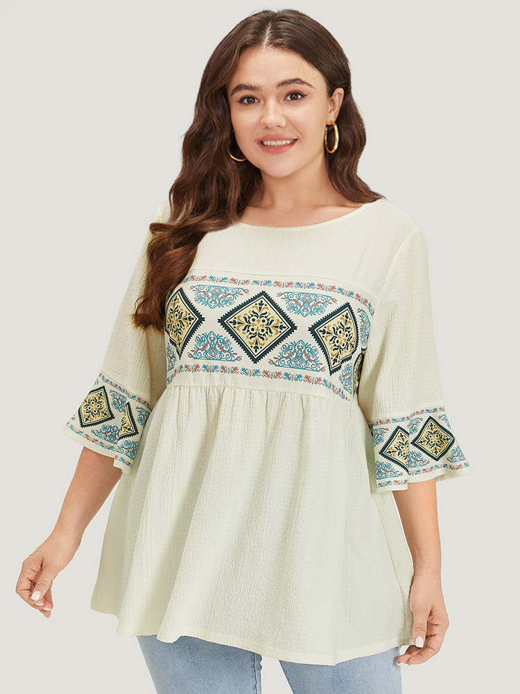 Plus Size Women Dailywear Bohemian Print Patchwork Bell Sleeve Half Sleeve Round Neck Casual T-shirts BloomChic 