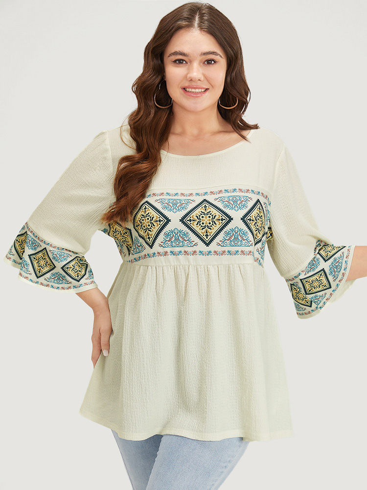 Plus Size Women Dailywear Bohemian Print Patchwork Bell Sleeve Half Sleeve Round Neck Casual T-shirts BloomChic 