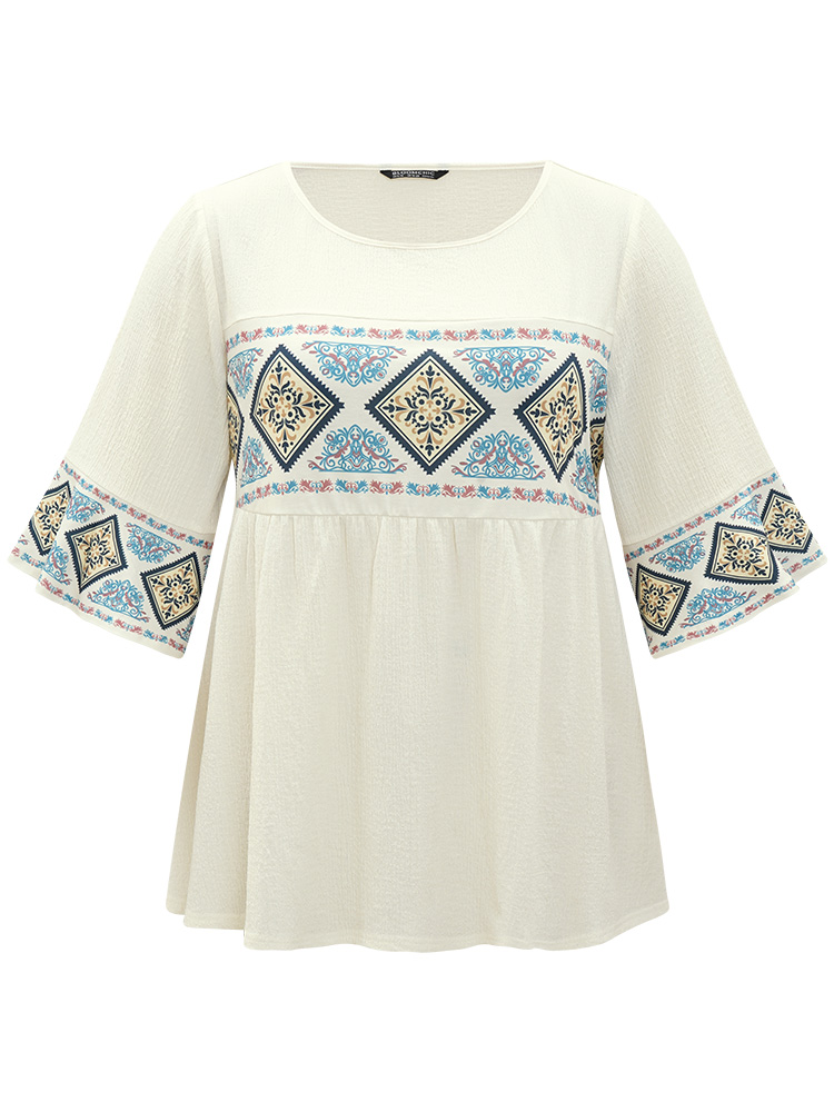 Plus Size Women Dailywear Bohemian Print Patchwork Bell Sleeve Half Sleeve Round Neck Casual T-shirts BloomChic 