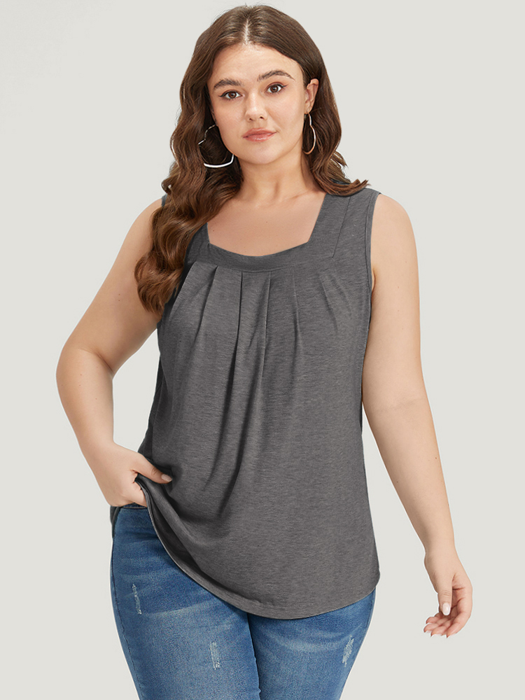 

Plus Size Heather Plicated Detail Square Neck Tank Top Women DimGray Casual Non U-neck Everyday Tank Tops Camis BloomChic