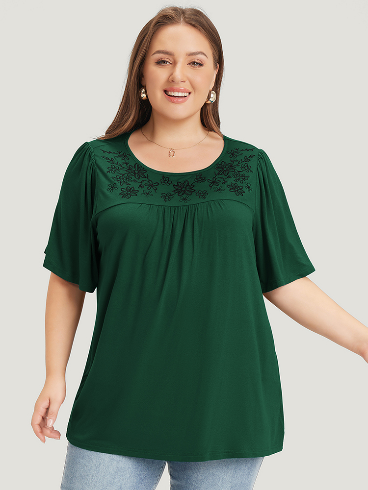 

Plus Size Supersoft Essentials Floral Embroidered Gathered Ruffle Sleeve T-shirt Emerald Women Elegant Embroidered Plain Round Neck Everyday T-shirts BloomChic