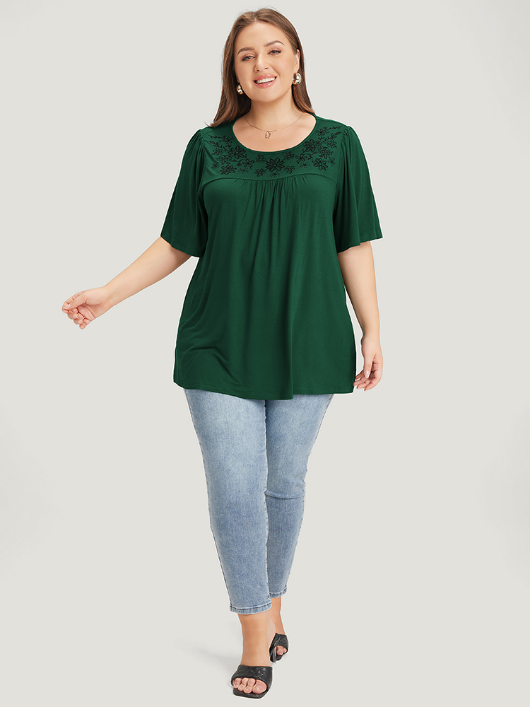 

Plus Size Supersoft Essentials Floral Embroidered Gathered Ruffle Sleeve T-shirt Emerald Women Elegant Embroidered Plain Round Neck Everyday T-shirts BloomChic