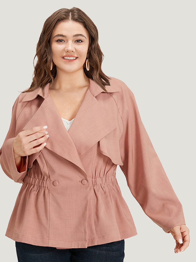 

Plus Size Solid Button Up Elastic Waist Lapel Collar Coat Women Salmon Dailywear Elastic Waist Plain  Casual Trench Coats BloomChic