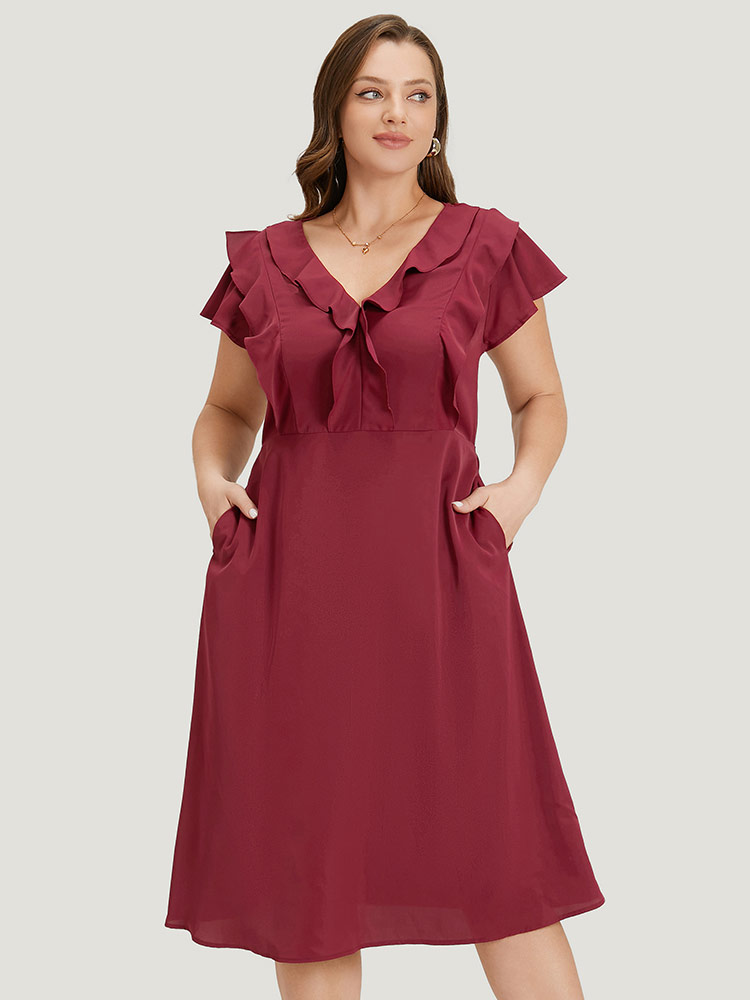 

Plus Size Plain Ruffle Trim Pocket Cap Sleeve Midi Dress Scarlet Women Office Plain V-neck Sleeveless Curvy Midi Dress BloomChic