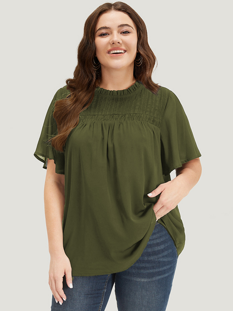 

Plus Size ArmyGreen Anti-Wrinkle Shirred Ruffle Sleeve Mesh Frill Trim Blouse Women Office Short sleeve Stand-up collar Work Blouses BloomChic