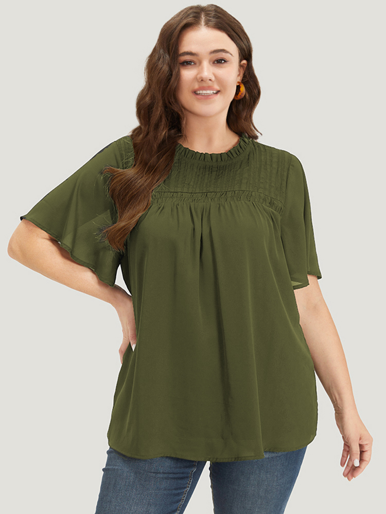 

Plus Size ArmyGreen Anti-Wrinkle Shirred Ruffle Sleeve Mesh Frill Trim Blouse Women Office Short sleeve Stand-up collar Work Blouses BloomChic