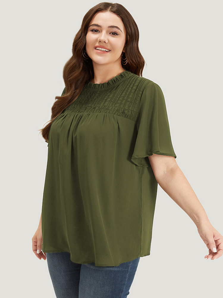 Plus Size ArmyGreen Anti-Wrinkle Shirred Ruffle Sleeve Mesh Frill Trim Blouse Women Office Short sleeve Stand-up collar Work Blouses BloomChic 30/6X 