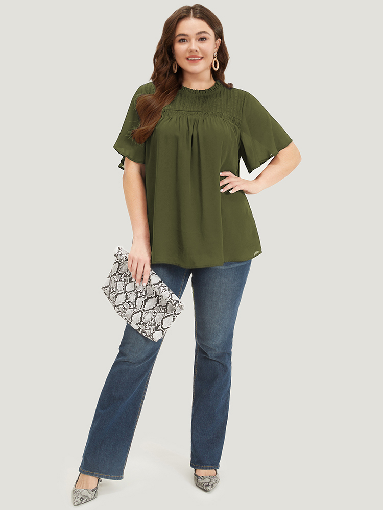 Plus Size ArmyGreen Anti-Wrinkle Shirred Ruffle Sleeve Mesh Frill Trim Blouse Women Office Short sleeve Stand-up collar Work Blouses BloomChic 30/6X 