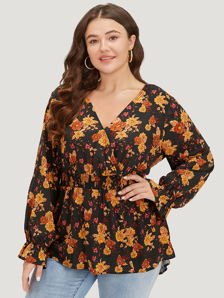 

Plus Size Black Floral Print Wrap Shirred Lantern Sleeve Blouse Women Vacation Long Sleeve V-neck Dailywear Blouses BloomChic