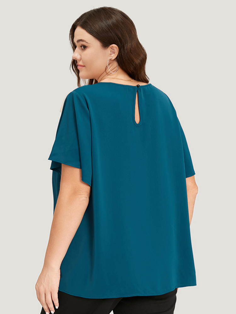 

Plus Size Cyan Plain Cut Out Flutter Sleeve Pleated Blouse Women Office Short sleeve V-neck Work Blouses BloomChic