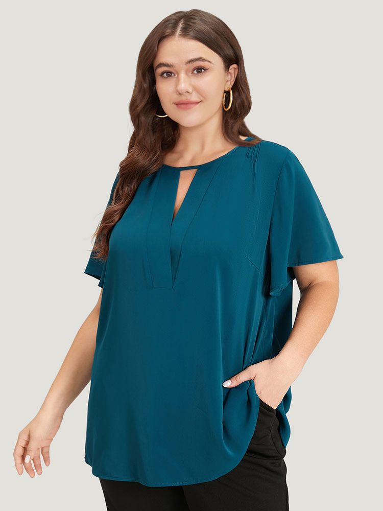 Plus Size Cyan Plain Cut Out Flutter Sleeve Pleated Blouse Women Office Short sleeve V-neck Work Blouses BloomChic 30/6X 