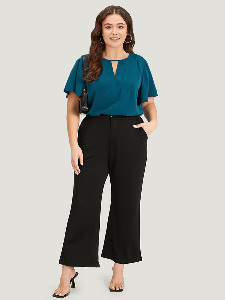 Plus Size Cyan Plain Cut Out Flutter Sleeve Pleated Blouse Women Office Short sleeve V-neck Work Blouses BloomChic 30/6X 
