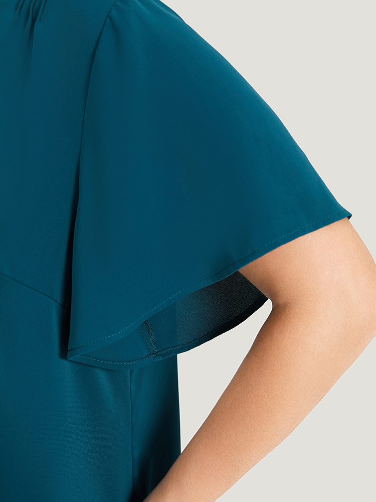 Plus Size Cyan Plain Cut Out Flutter Sleeve Pleated Blouse Women Office Short sleeve V-neck Work Blouses BloomChic 30/6X 
