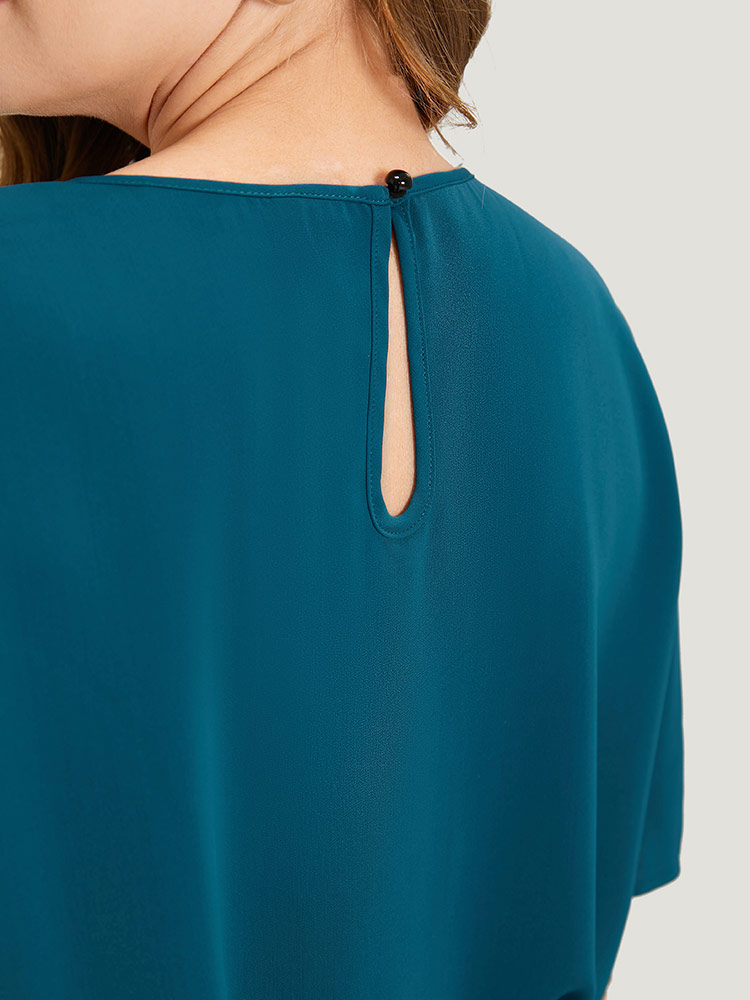 Plus Size Cyan Plain Cut Out Flutter Sleeve Pleated Blouse Women Office Short sleeve V-neck Work Blouses BloomChic 30/6X 