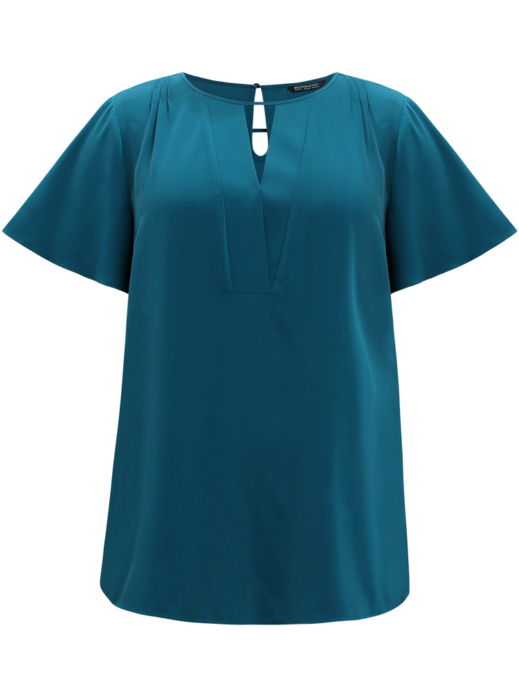 Plus Size Cyan Plain Cut Out Flutter Sleeve Pleated Blouse Women Office Short sleeve V-neck Work Blouses BloomChic 30/6X 