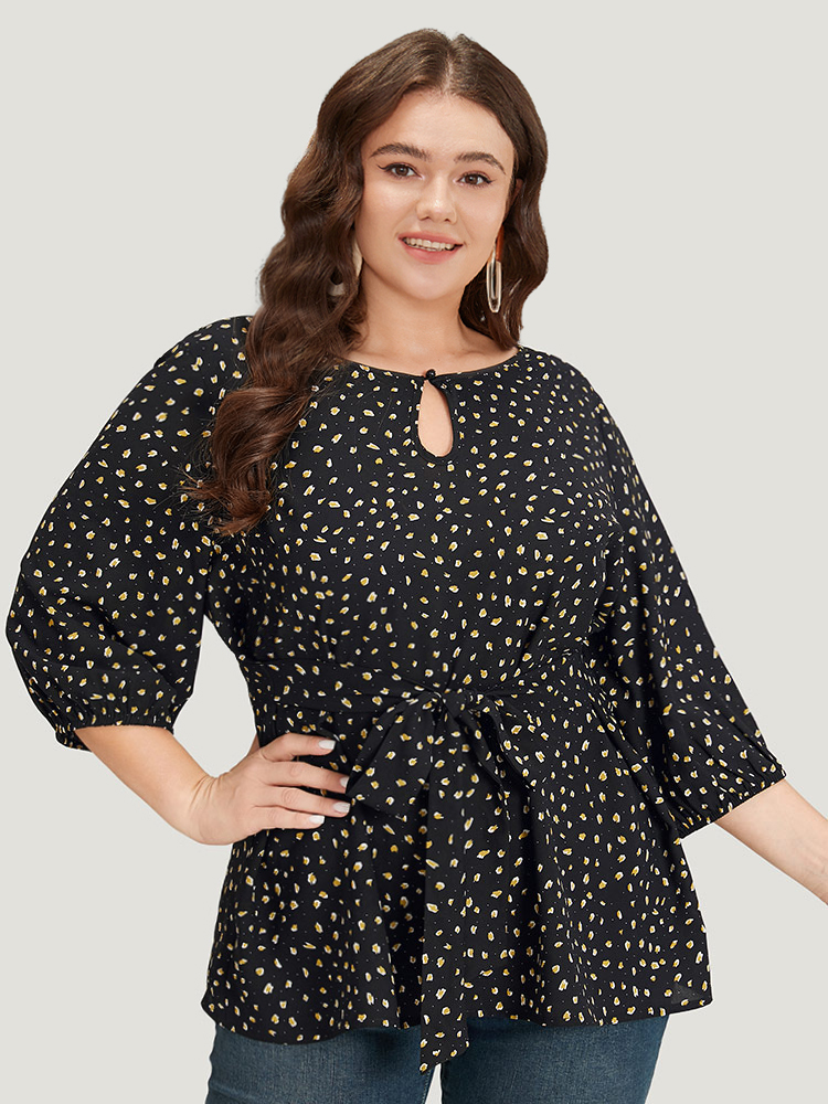 

Plus Size Black Dot Button Up Keyhole Ties Lantern Sleeve Blouse Women Elegant Elbow-length sleeve Keyhole Cut-Out Dailywear Blouses BloomChic