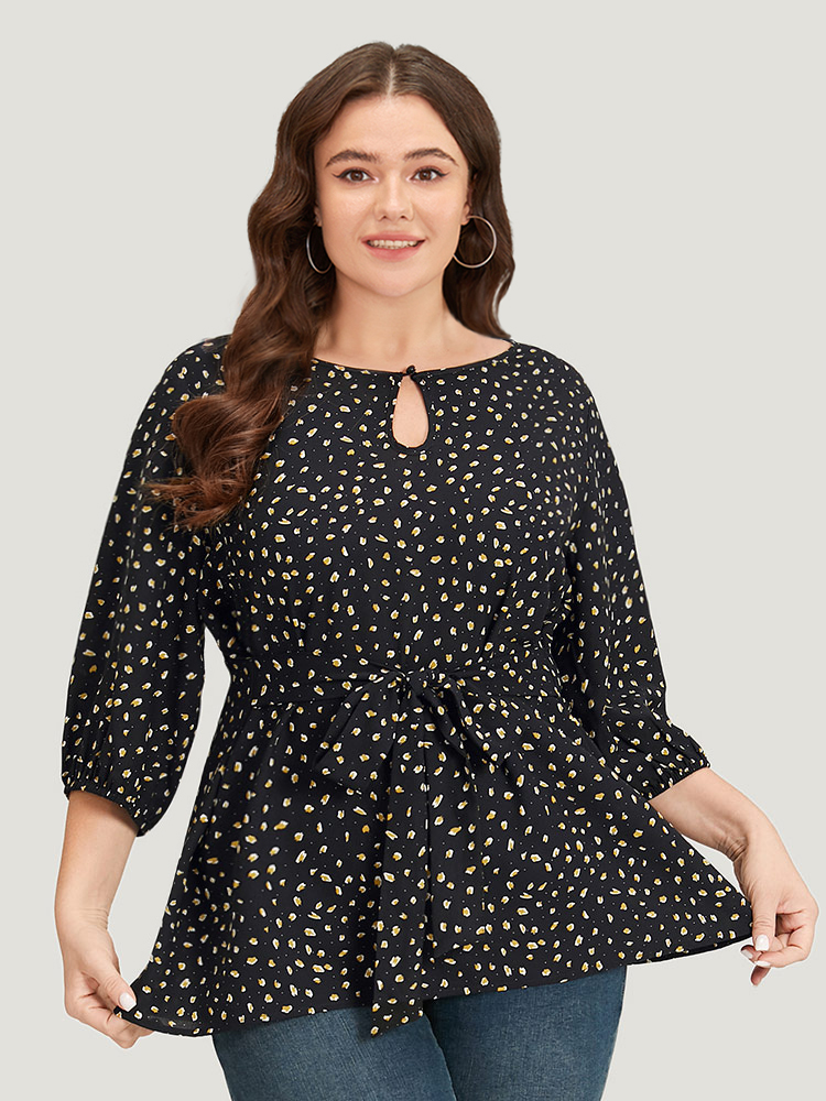 Plus Size Black Dot Button Up Keyhole Ties Lantern Sleeve Blouse Women Elegant Elbow-length sleeve Keyhole Cut-Out Dailywear Blouses BloomChic 14-16/1X 