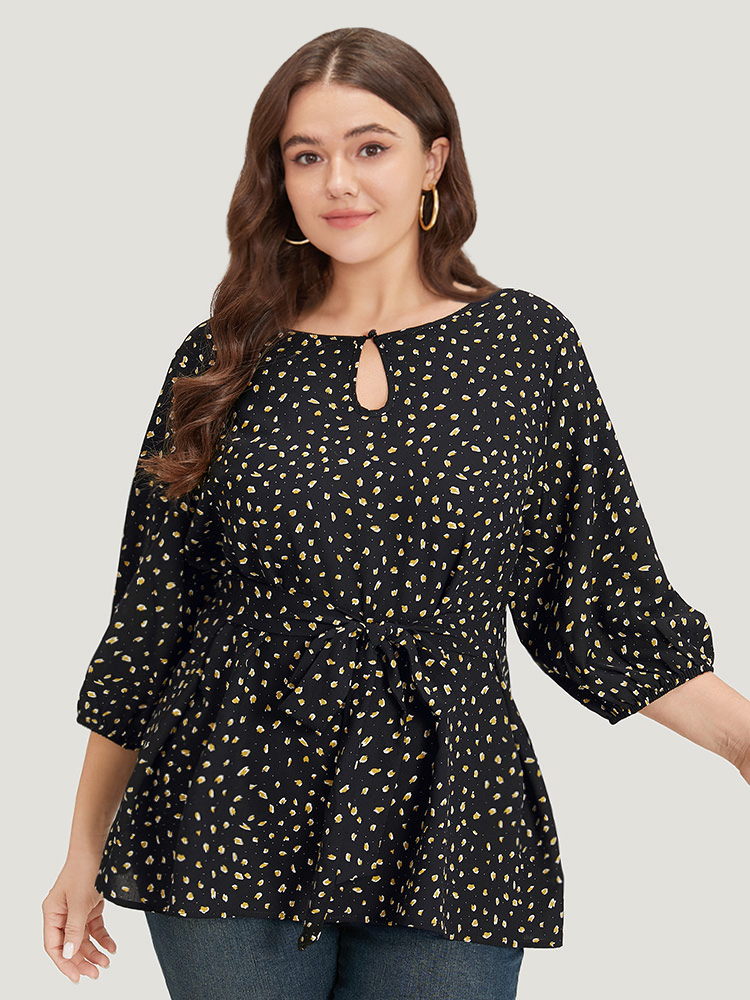 Plus Size Black Dot Button Up Keyhole Ties Lantern Sleeve Blouse Women Elegant Elbow-length sleeve Keyhole Cut-Out Dailywear Blouses BloomChic 14-16/1X 
