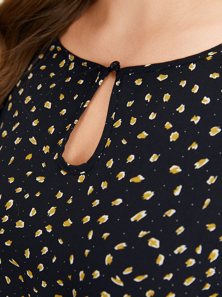 Plus Size Black Dot Button Up Keyhole Ties Lantern Sleeve Blouse Women Elegant Elbow-length sleeve Keyhole Cut-Out Dailywear Blouses BloomChic 14-16/1X 